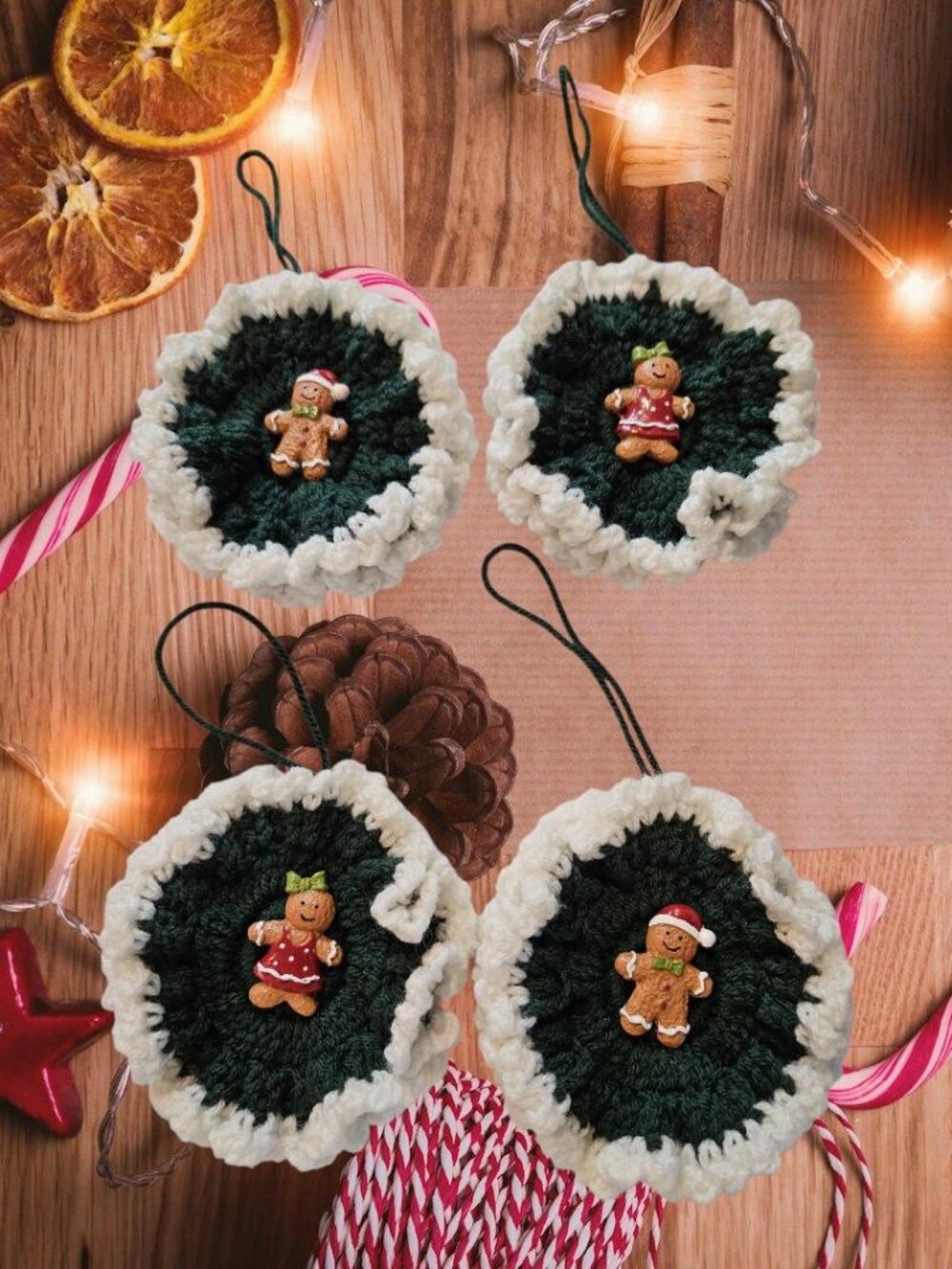 Crochet Christmas Wreath Ornaments with  Gingerbread Boy & Girl – Handmade